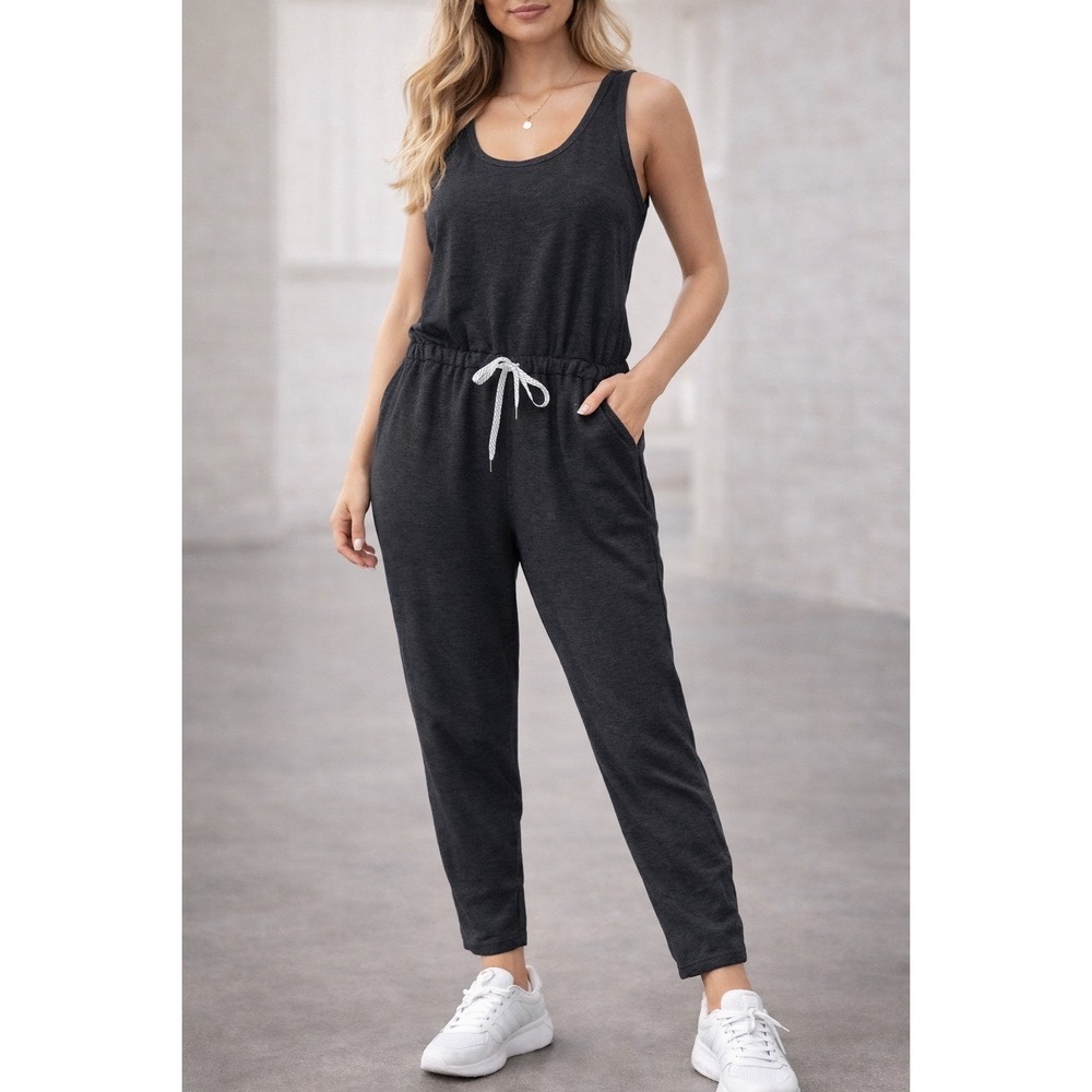 Zella Women's 1X Gray Sleeveless Jumpsuit‎ Drawstring Waist Pockets Athleisure